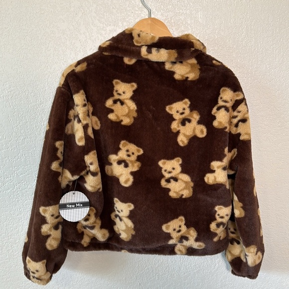 New Mix Women's Medium Brown Teddy Bear Print Jacket Zip Up With Pockets NWT - Picture 5 of 7